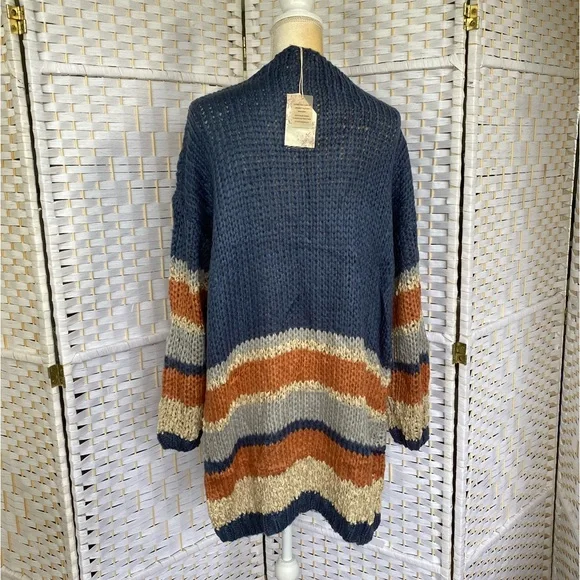 NWT Hem & Thread Stripe Bottom Cardigan Sweater Oversized Bohemian Style Fit - Picture 5 of 14